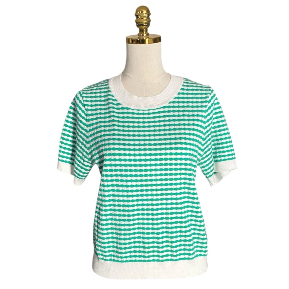 Adrianna Papell Teal and White Striped Short Sleeve Sweater Top Large Academia